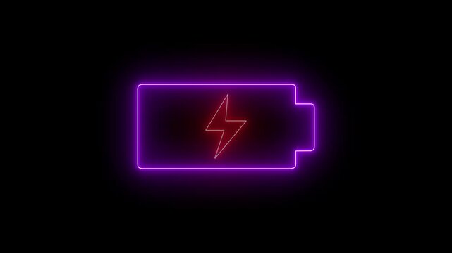 Glowing neon purple color  battery icon animation with red lightning blinking bolt on black background.