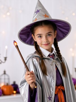 Vertical portrait of a smiling young girl in a witch costume holding a magic wand. Happy child in silver cape and purple hat celebrating Halloween