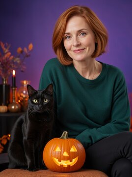 Vertical portrait of a smiling woman with a black cat and lit pumpkin. Happy middle aged female in green sweater celebrating Halloween