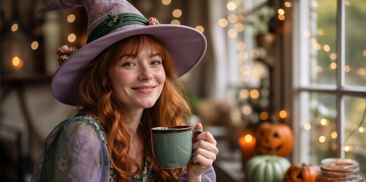 Smiling young woman in a purple witch hat holding a green mug. Cozy autumn Halloween costume portrait. Blurred background with warm string lights and pumpkins
