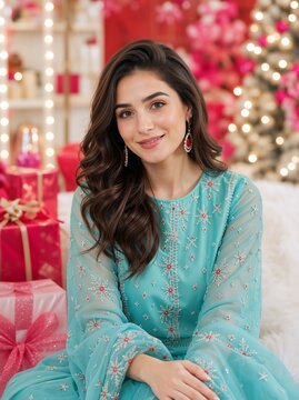 Vertical portrait of a young woman sitting among wrapped Christmas gifts. Smiling female in an embroidered teal dress with holiday background. Festive winter celebration