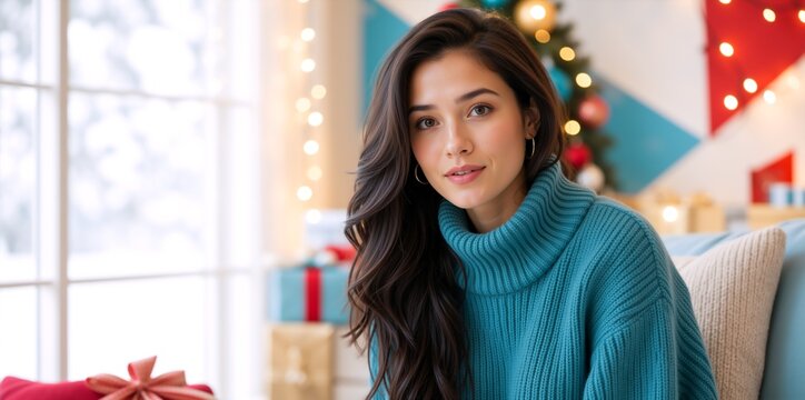Portrait of a young woman in cozy teal knit turtleneck sweater. Festive Christmas home background with warm lights and decorated tree