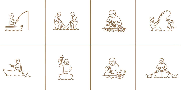 Vintage Fishing Icons Set. Ten line art illustrations of fishermen, boats, nets, and catches. Retro monochrome vector graphics for logo design.