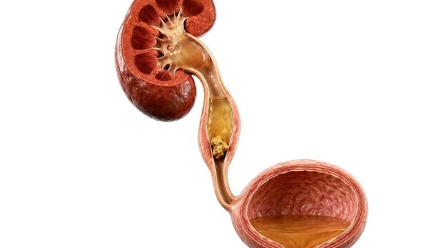 Human urinary system anatomy showing kidney, ureter, bladder and obstructing renal stone causing urinary blockage isolated on white background