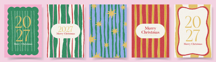 Fototapeta na wymiar Christmas and New Year Geometric Cover Set. Vector holiday collection of hand-drawn covers featuring stripes, frames, stars and festive colors. Ideal for wrapping paper, cards, invitations, branding.