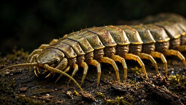 Detailed close up of a golden millipede crawling on a forest floor with leaf litter