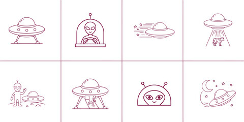 Extraterrestrial collection, 8 isolated pink icons featuring UFOs, spaceships, flying saucers, and creatures in minimalist line art style, on white background for web and mobile apps © yamin678