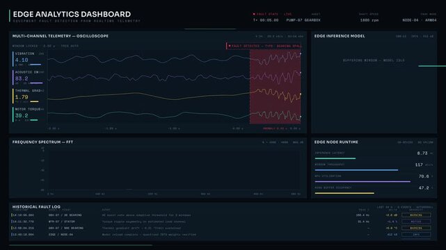 Edge Analytics Dashboard displaying real-time equipment fault detection with waveform visualizer and FFT analysis in a sleek dark interface for commercial creative technology and business use.