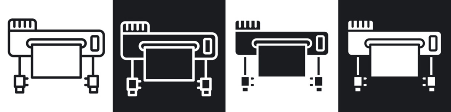large printer icons in flat and outlined black and white colors collection