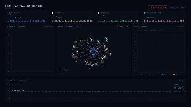 Explore the IIoT gateway dashboard visualizing sensor connectivity, latency, and anomalies with a dynamic heatmap and KPI metrics in an industrial setting.