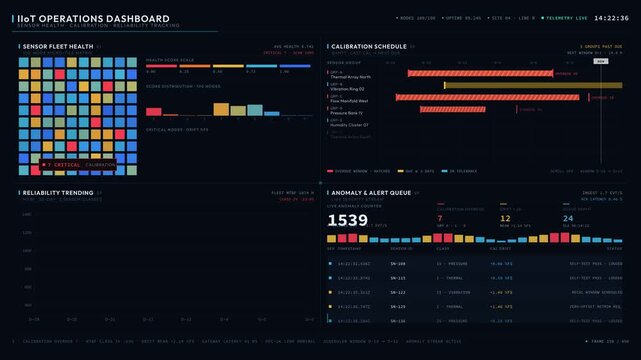 An IIoT operations dashboard showcasing sensor health, calibration schedules, and reliability tracking with dynamic animations and a modern interface layout.