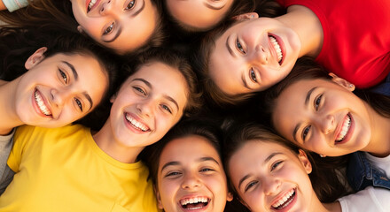 Obraz premium Smiling faces of young girls lying down, a vibrant image of friendship, happiness, and youthful connection, perfect for lifestyle themes