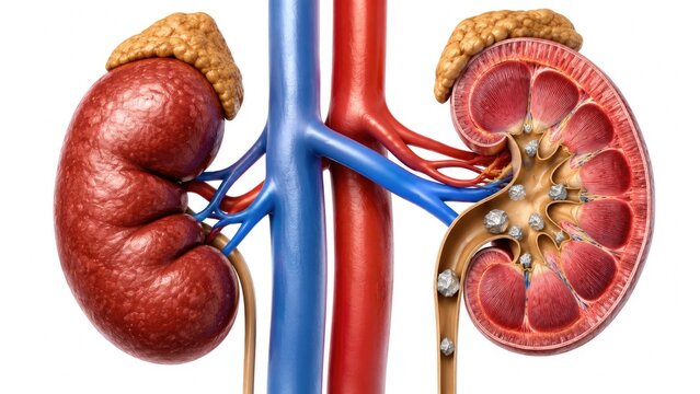 Human kidney anatomy with multiple renal stones, adrenal glands, blood vessels and urinary tract details isolated on white background