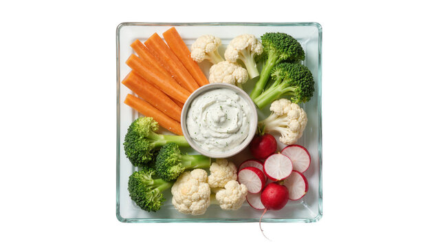 Fresh vegetable platter with creamy herb dip, isolated on transparent background