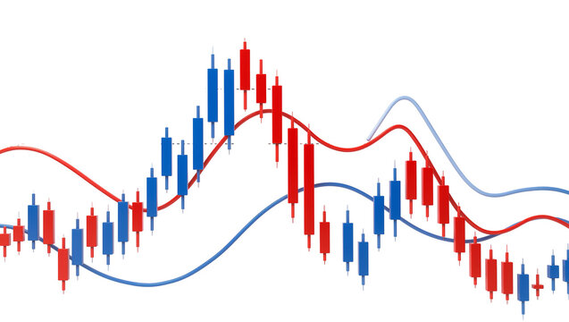 Red and blue candlestick charts with overlayed trend lines, isolated on transparent background