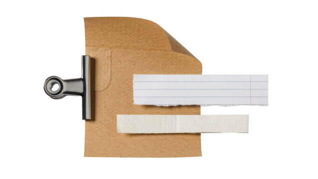 Brown kraft envelope with binder clip holding torn paper strips, isolated on transparent background