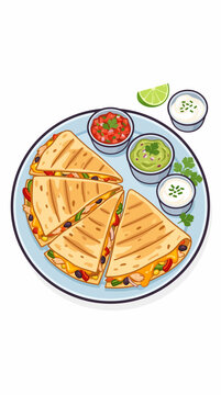 A folded quesadilla with melted cheese, vegetables, and salsa on the side, cut into wedges and arranged in a vibrant flat composition.