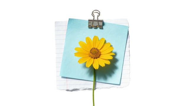 Yellow daisy flower on blue paper held by binder clip, isolated on transparent background