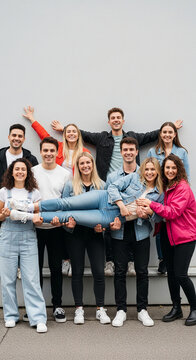 A group of young adults posing playfully, with one person held aloft by others, symbolizing teamwork, unity, and joyful camaraderie