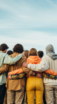A group of friends embracing under a wide sky, showcasing unity, togetherness, and shared moments, representing friendship and belonging