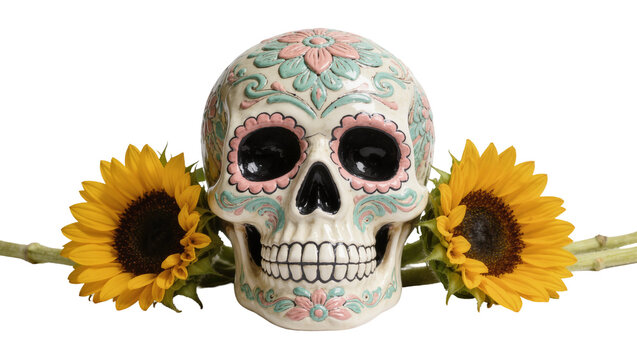Ornate sugar skull with floral patterns and sunflowers, isolated on transparent background