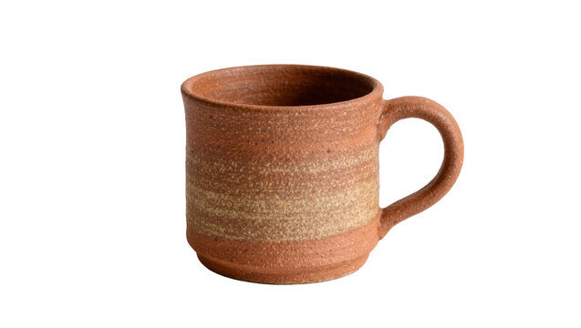 Rustic terracotta ceramic mug with textured surface, isolated on transparent background