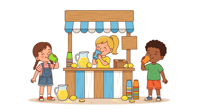 FLAT Children enjoy refreshing lemonade from a colorful stand on a bright day Vector