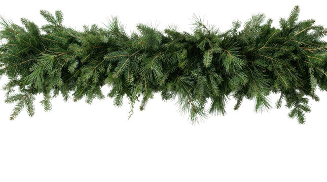 Green christmas pine garland with small warm glowing lights isolated on transparent background