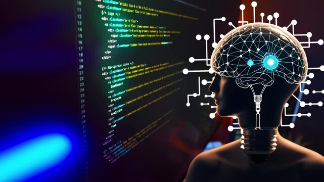 Artificial Intelligence coding concept with glowing neural network lightbulb brain and scrolling program code