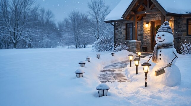 Christmas Snowman Performing Winter Service Action in Snowy Landscape with Copy Space
