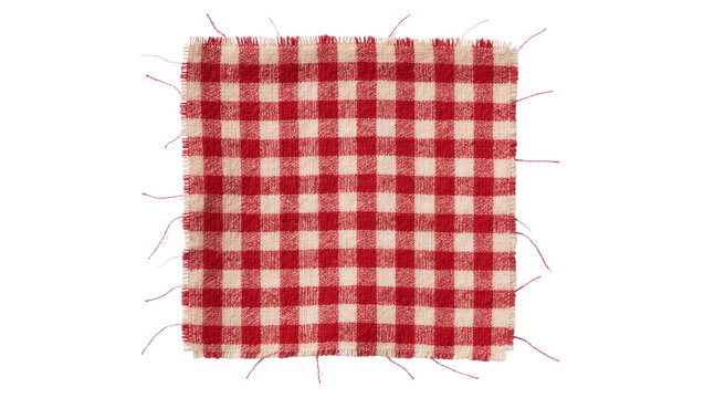 Red and white checkered fabric swatch with frayed edges, isolated on transparent background