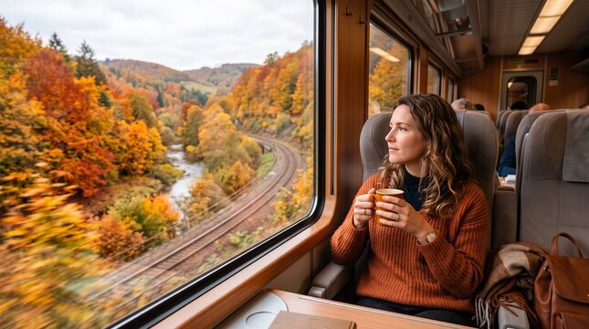 Young woman enjoying coffee while traveling on a train in autumn  