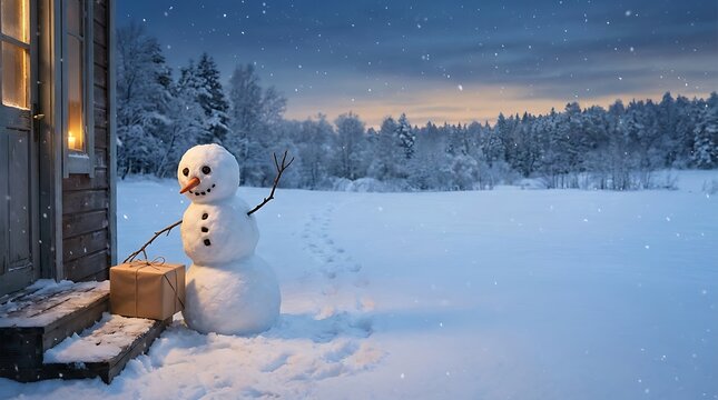 Christmas Snowman Performing Winter Service Action in Snowy Landscape with Copy Space
