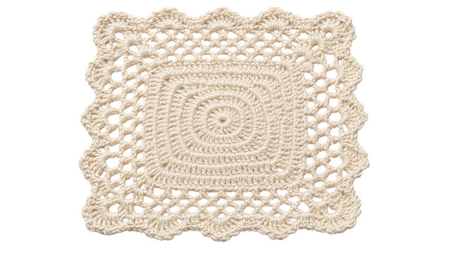 Delicate beige crochet doily with intricate circular pattern, isolated on transparent background