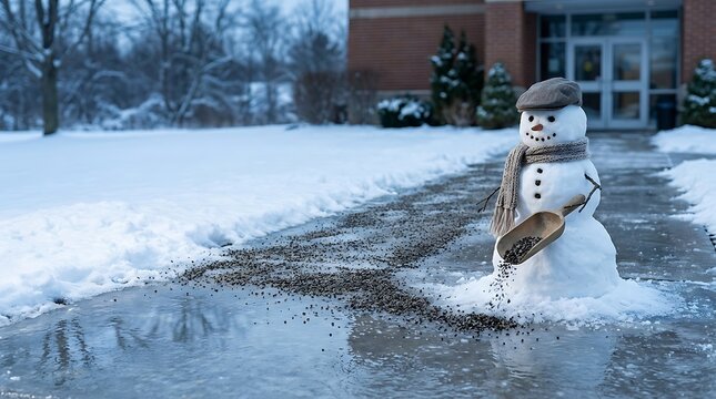 Christmas Snowman Performing Winter Service Action in Snowy Landscape with Copy Space