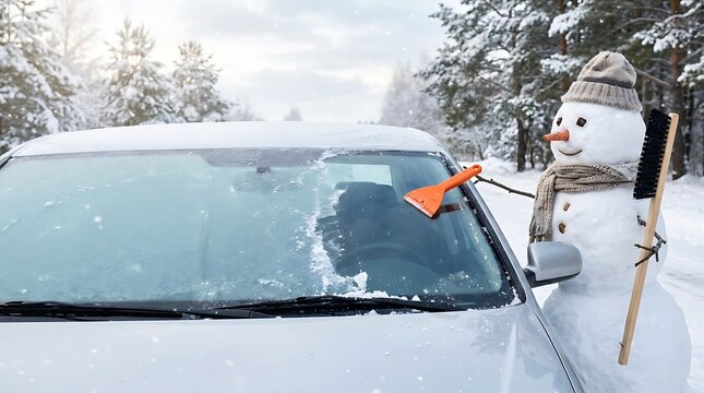 Christmas Snowman Performing Winter Service Action in Snowy Landscape with Copy Space