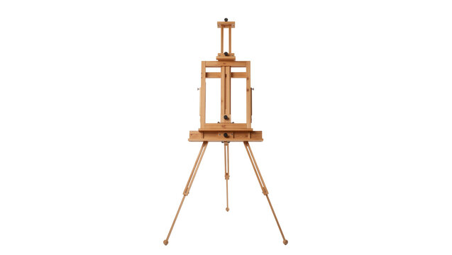 Wooden studio easel with adjustable height and tray, isolated on transparent background