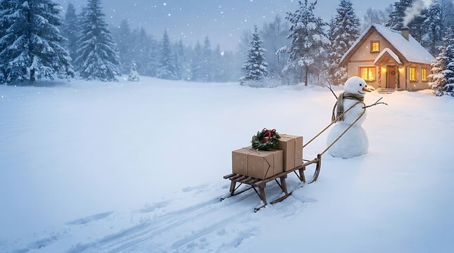 Christmas Snowman Performing Winter Service Action in Snowy Landscape with Copy Space