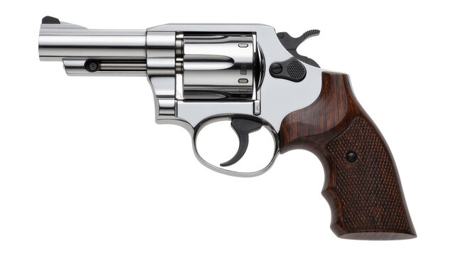 Shiny chrome revolver with dark wood grip, isolated on transparent background