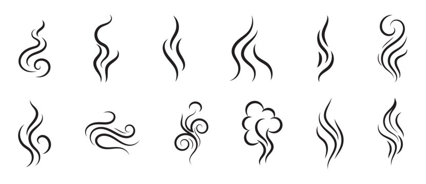 Smoke steam of coffee with smell line icon set. Hand drawn scent stream and wavy aroma doodle lines. Sketch hot vapor steam with smell and cooking fragrance