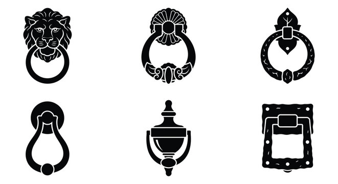 Collection of black door knockers and handles vector silhouettes
