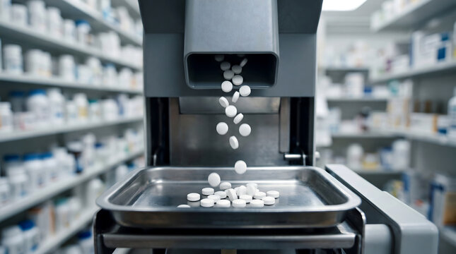 Pills falling from an automated dispenser into a metal tray inside a modern pharmacy store.