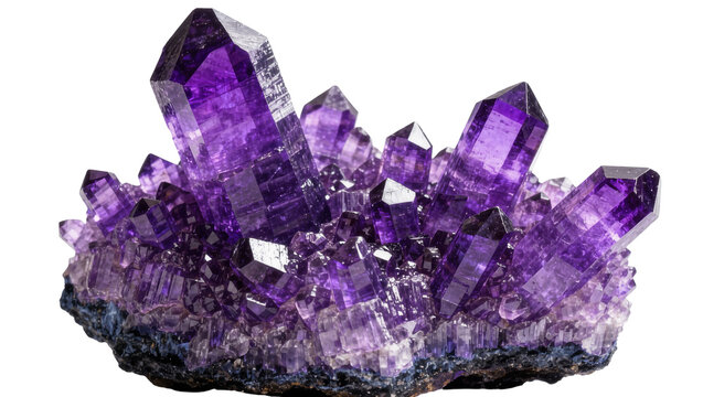 Cluster of vibrant purple amethyst crystals, isolated on transparent background