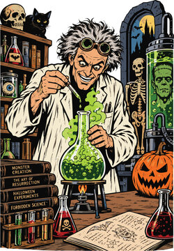 Generated on Hand drawn Mad scientist working inside a mysterious laboratory filled with Halloween experiments vintage horror comic book style vector art on white background