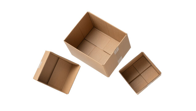 Three open cardboard boxes of various sizes, isolated on transparent background