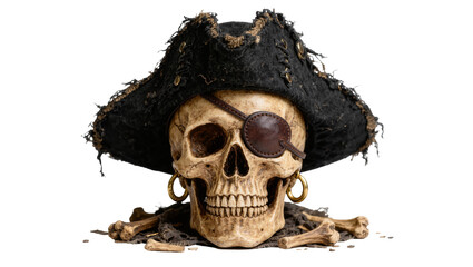 Fototapeta premium Pirate skull with eyepatch and gold earring resting on bones, isolated on transparent background