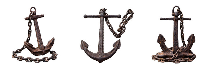 Vintage Rusted Metal Ship Anchors with Heavy Chains for Nautical Décor, Maritime Displays, and Coastal Home Ornaments © Khanji