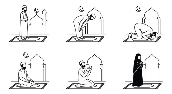 Vector illustration of six figures depicting Islamic prayer positions