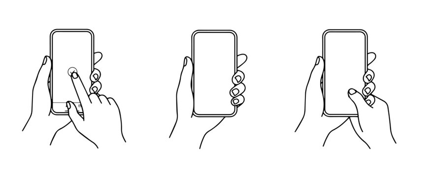 Hand holding and touching smartphone screen line art vector icons set