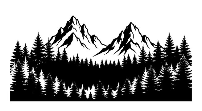 Mountain range with pine forest landscape black silhouette vector
